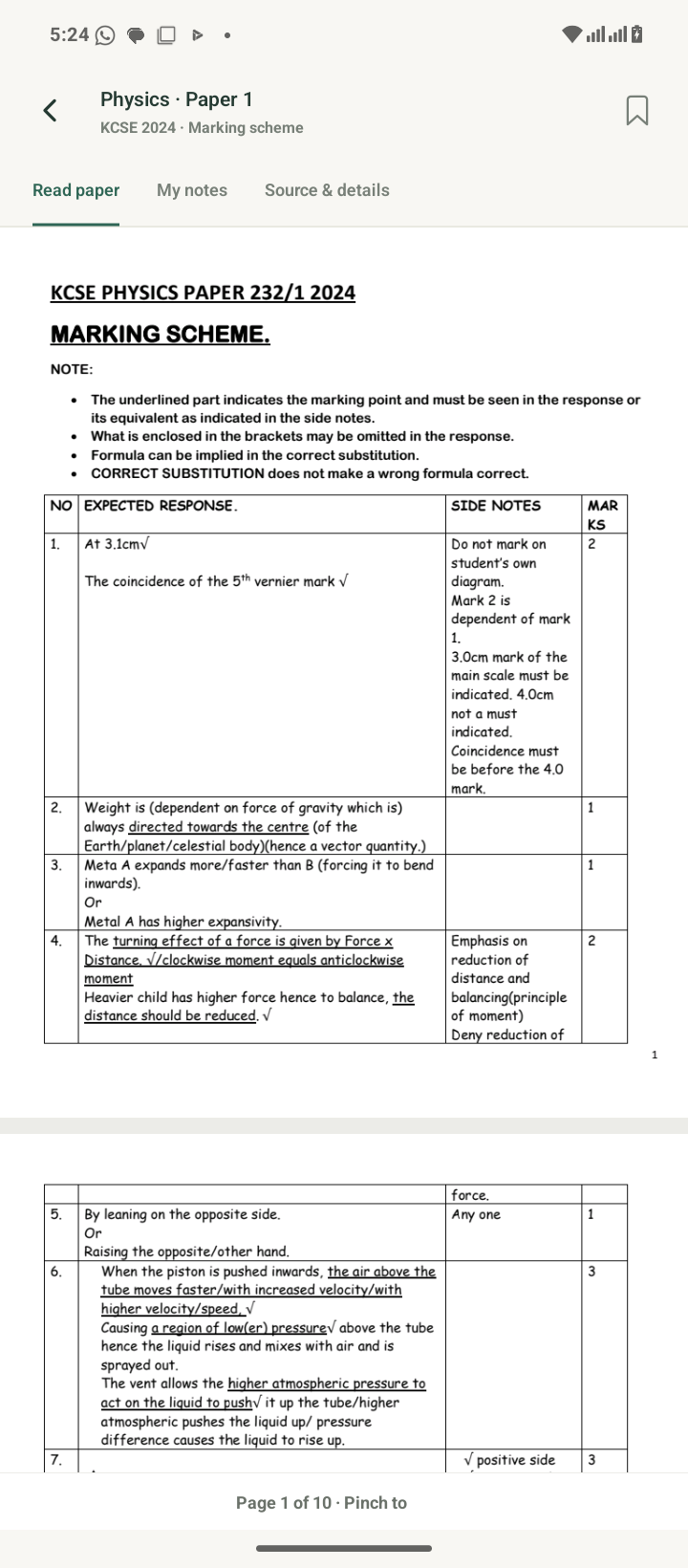 Actual Soma Android screen displaying the 2024 Physics paper one marking scheme